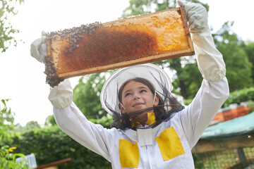 Happy girl examining beehive frame with honey bees
