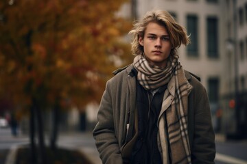 Street Portrait of a Fictional Handsome Nordic Male Model Wearing Grunge Style Casual Clothes. Generative AI.