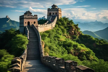 Tableaux ronds sur plexiglas Mur chinois The Great Wall of China: Majestic view of the iconic Great Wall snaking through lush landscapes.Generated with AI