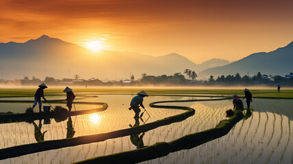 Asian farmers work in the rice field in the morning