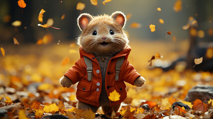cute plush cartoon rabbit runs along the autumn path in the park and kicks the fallen yellow leaves, happiness autumn greetings