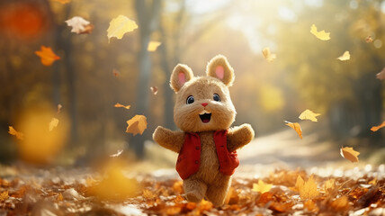 cute plush cartoon rabbit runs along the autumn path in the park and kicks the fallen yellow leaves, happiness autumn greetings