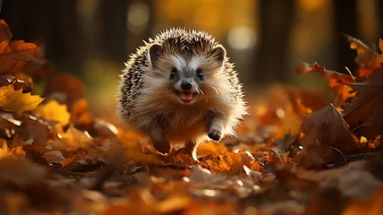 Foto op Plexiglas freedom the hedgehog runs through the autumn forest dynamic scene leaves fly around the onset of autumn changes © kichigin19