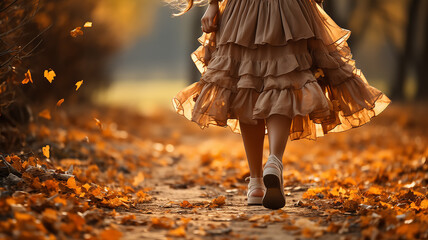 autumn background September, Indian summer, a girl in a light skirt fluttering in the wind kicks leaves, leaf fall and dry foliage flies from trees