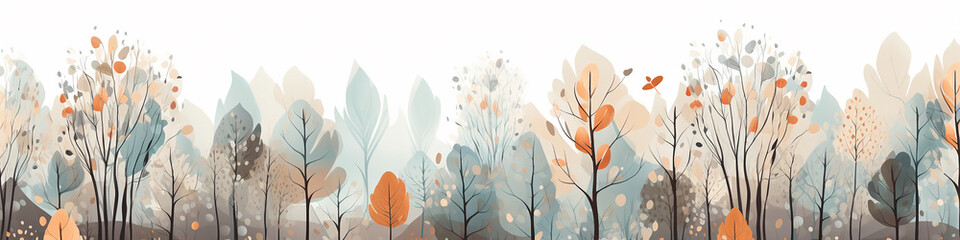 soft color panorama autumn forest landscape, narrow drawing for website design in pastel tinted light