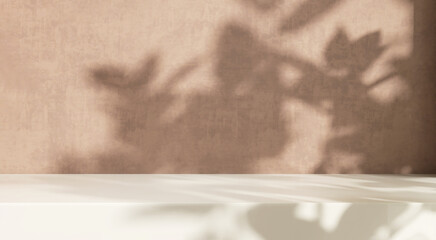 Minimal empty white marble stone counter top in sunlight, leaf foliage shadow on brown stucco cement wall for luxury organic cosmetic, skincare, body care, beauty treatment product background 3D