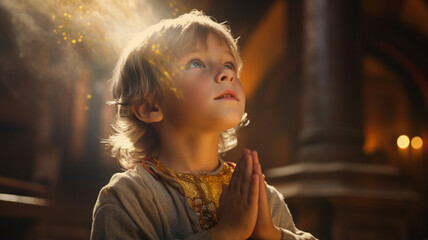 young boy praying in church