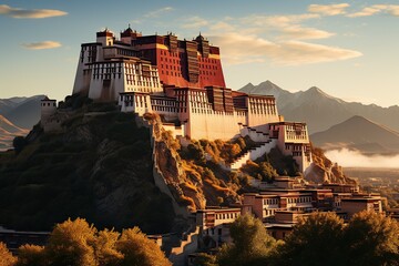 The Potala Palace: A stunning Tibetan palace with golden roofs against a clear blue sky.Generated with AI - Powered by Adobe