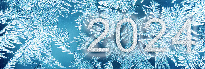 Winter New Year 2024 background with a frosty pattern. Holiday, card, congratulation, december.