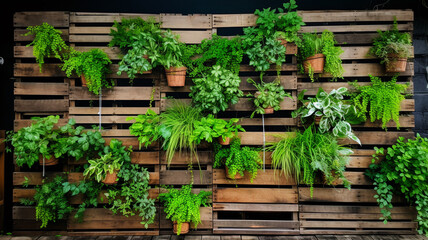 decorative wooden pots with green plants on the shelves