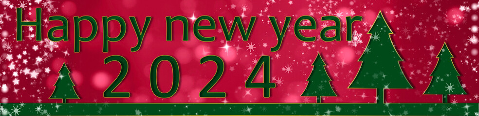 Happy New Year 2024 background. Green Christmas tree on the red background.