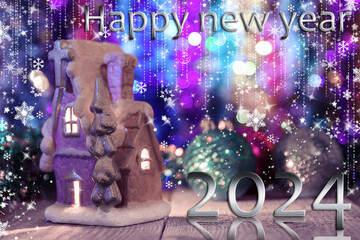 Eve new year 2024 holidays, winter, cards, congratulation, bokeh, night, december.