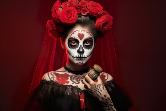 Portrait of Mexican Catrina in Sugar skull makeup with roses on head for celebrationof day of dead Dia de los muertos  