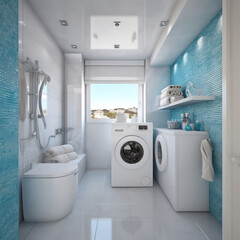 Laundry room with washing machine and blue curtains, 3d render. Laundry room with washing machine and basket of clothes, AI generated