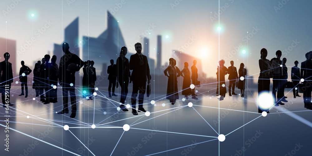 Poster group of multinational people standing in front of futuristic city and communication network concept
