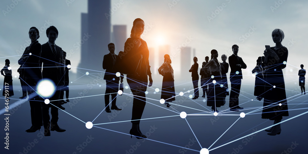 Poster Group of multinational people standing in front of futuristic city and communication network concept. Wide angle visual for banners or advertisements.