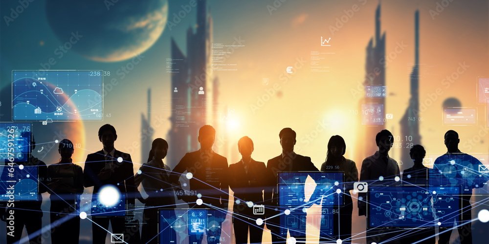 Aufkleber group of people standing in front of futuristic city and digital communication network concept. wide