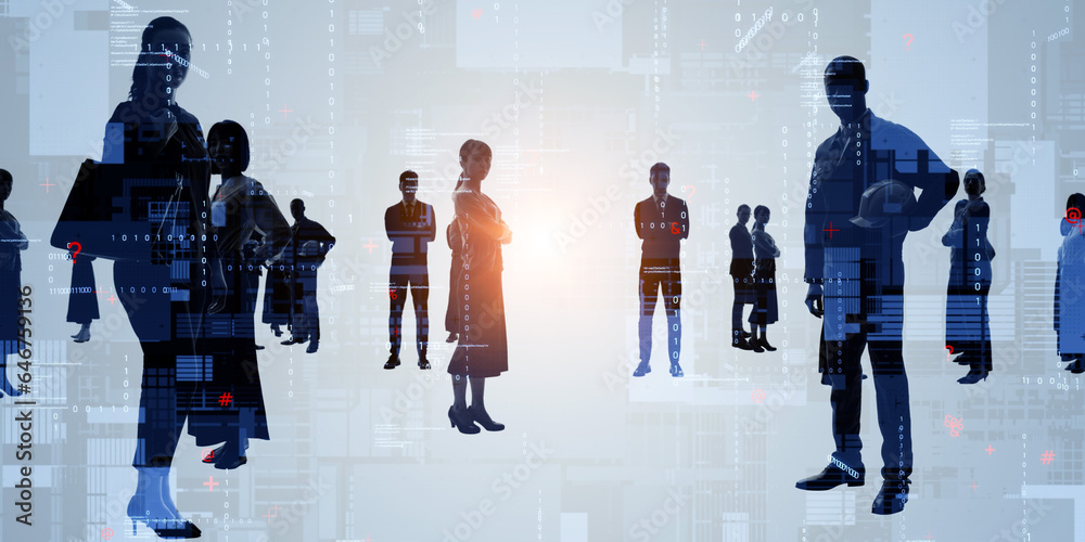 Poster group of multinational people and digital technology concept. wide angle visual for banners or adver
