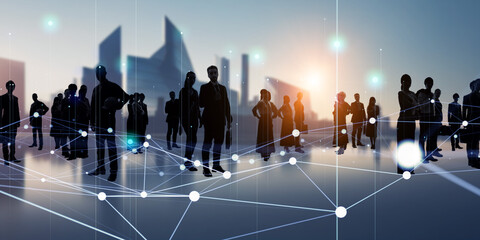 Group of multinational people standing in front of futuristic city and communication network...