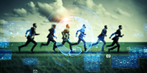 Group of people running in green field and global communication network concept. Wide angle visual...
