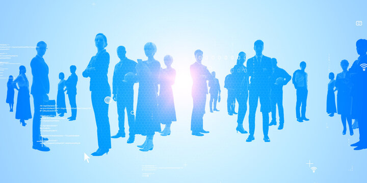 Group of multinational people and digital technology concept. Wide angle visual for banners or advertisements.