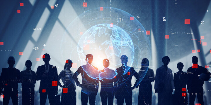 Group of people standing in lobby and global communication network concept. Wide angle visual for banners or advertisements.