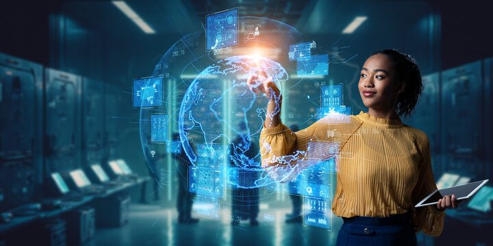 ホログラムを操作する女性エンジニアとデジタルテクノロジー　バナー・広告向け横長ビジュアル