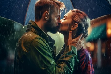 Couple kiss rain street. Generate Ai