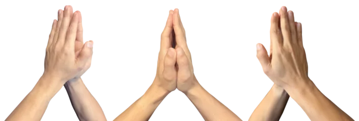 Fotobehang Hand in namaste spiritual praying pray symbols shape on transparent background cutout, PNG file. Mockup template for artwork design. 3 angle perspective. Sign gestures concept   © Sandra Chia