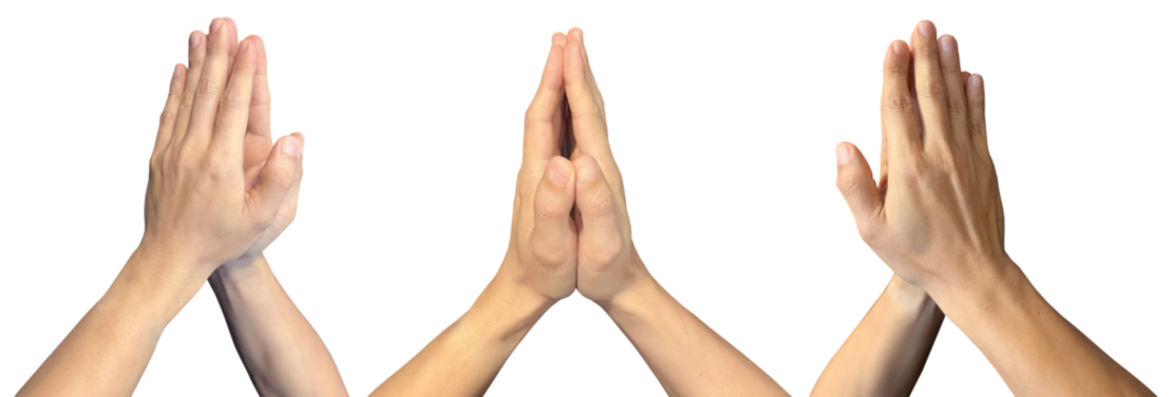 Hand in namaste spiritual praying pray symbols shape on transparent background cutout, PNG file. Mockup template for artwork design. 3 angle perspective. Sign gestures concept	
