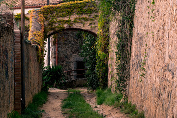 old village street with wooden door in the background and stone archway