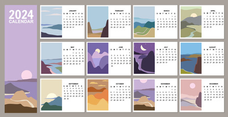 2024 Calendar planner set of 12 minimalistic abstract landscape natural backgrounds