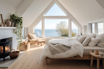 Cozy southern Mediterranean interior of a spacious bedroom with ocean view: wooden furniture and...