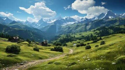 Fototapeta na wymiar mountain meadow with morning light atmosphere. rural landscape with valley