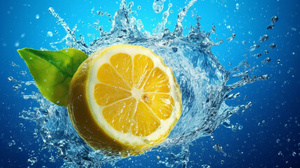 Fresh lemon falling into water with splash on blue background.  Cut lemon falling into water with  splashes on blue background, close up. Citrus fruit with water splash. Healthy food. AI generated