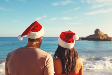 Obraz premium a pair of lovers with their backs to the camera in Santa hats on the seashore or ocean in the tropics celebrates Christmas or New Year. Vacations and travel during the holidays
