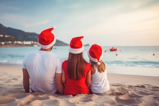 Happy Family With Their Back To The Camera In Santa Hats On The Seashore Or Ocean In The Tropics Celebrates Christmas Or New Year. Vacations And Travel During The Holidays