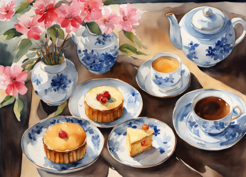 Beautiful teatime painting with small cakes and flowers