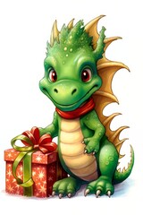 Fototapeta premium Cute cartoon dragon in a Christmas hat and gifts. New Year and Christmas concept. Packaging design, postcard.