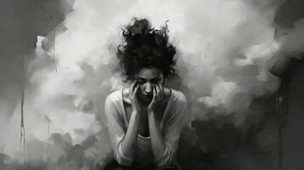 black and white painting of lonely woman feeling burned out, depression and anxiety with negative emotion, generative AI