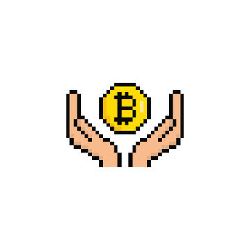 pixel bitcoin  icon.  Vector pixel art hand holding bitcoin money 8 bit game logo for company 
