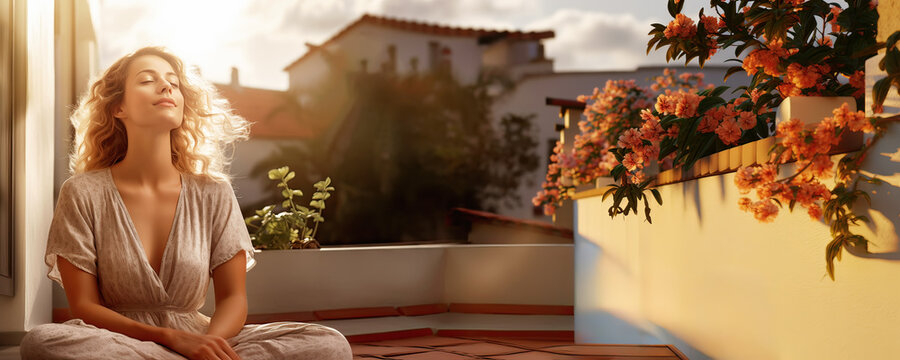 Serene Sunset. A Woman Enjoying Mindful Relaxation on a Terrace