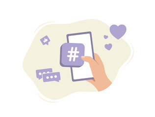 Hashtag Social Media Marketing. Affiliate marketing with online digital advertising campaign. Hashtag followers sponsored influencer-generated content. Illustration on white background with icons