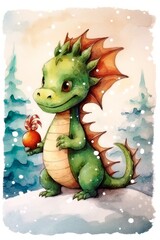 Fototapeta premium Cute cartoon dragon with christmas ball. New Year and Christmas concept. Packaging design, postcard.