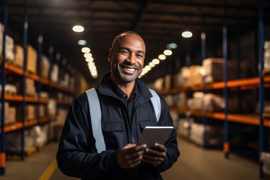Happy Employees in uniform Use a tablet to work in the warehouse