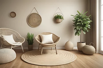 Cercles muraux Style bohème Empty wall mockup in warm neutral beige room interior with wicker armchair, ethnic pillow, round jute rug, boho style decoration and free space. Illustration, 3d rendering