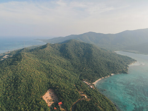 Aerial view of Karimunjawa Islands, Jepara, Indonesian archipelago, Volcano Island, coral reefs, white sand beaches. Top tourist destination, best diving snorkelling.