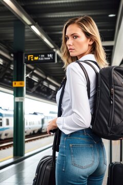 Traveler young woman stay on on the railway station with luggage. Generative AI