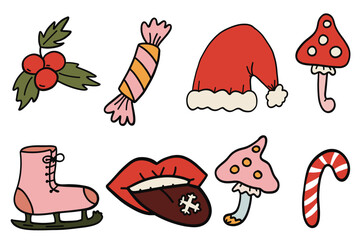 Christmas Groovy icons set skates lips and hat