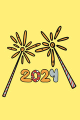 2024 New Year groovy vibes card with sparks and light